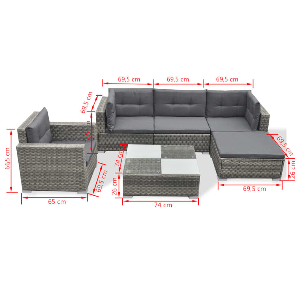 6-delige Loungeset met kussens poly rattan grijs is nu te koop bij PeponiXL, paradijselijk wonen!