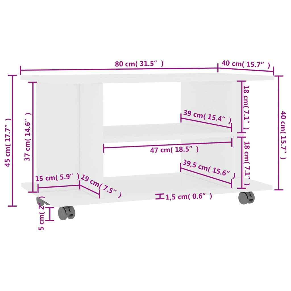 Tv-meubel met wieltjes 80x40x45 cm bewerkt hout wit is nu te koop bij PeponiXL, paradijselijk wonen!
