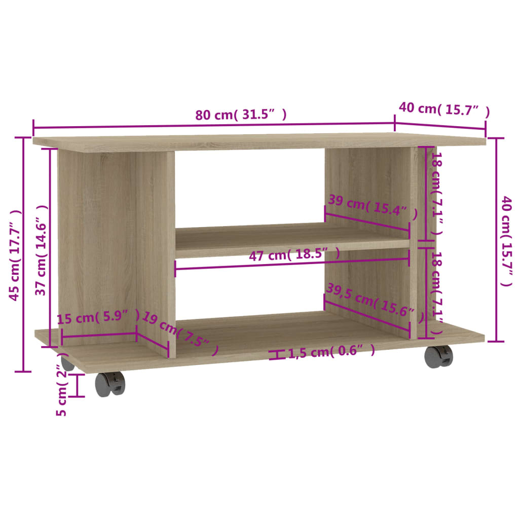 Tv-meubel met wieltjes 80x40x45 cm bewerkt hout sonoma eiken is nu te koop bij PeponiXL, paradijselijk wonen!