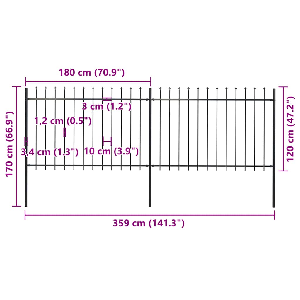 Tuinhek met speren bovenkant 3,4x1,2 m staal zwart is nu te koop bij PeponiXL, paradijselijk wonen!