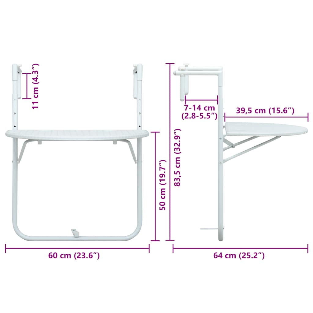 Balkontafel hangend 60x64x83,5 cm rattan-look kunststof wit is nu te koop bij PeponiXL, paradijselijk wonen!