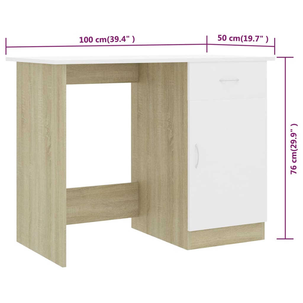 Bureau 100x50x76 cm bewerkt hout wit en sonoma eikenkleurig