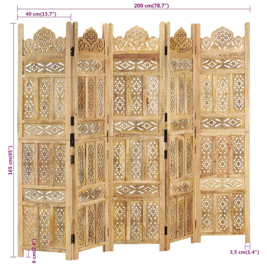 Kamerscherm 5 panelen handgesneden 200x165 cm massief mangohout is nu te koop bij PeponiXL, paradijselijk wonen!