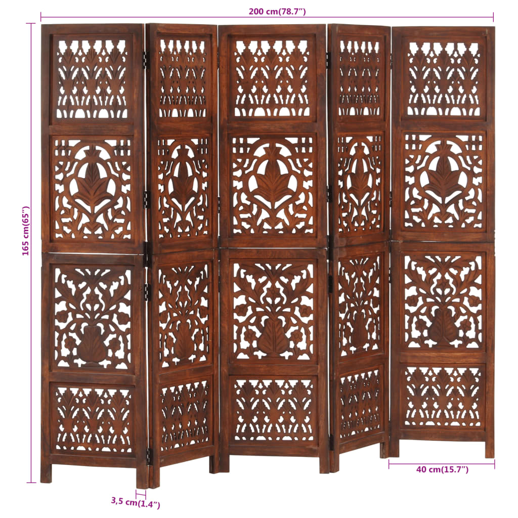 Kamerscherm 5 panelen handgesneden 200x165 cm mangohout bruin is nu te koop bij PeponiXL, paradijselijk wonen!