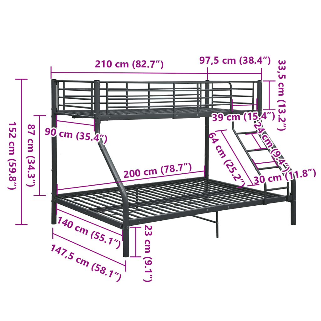 Stapelbedframe metaal zwart 140x200 cm/90x200 cm is nu te koop bij PeponiXL, paradijselijk wonen!
