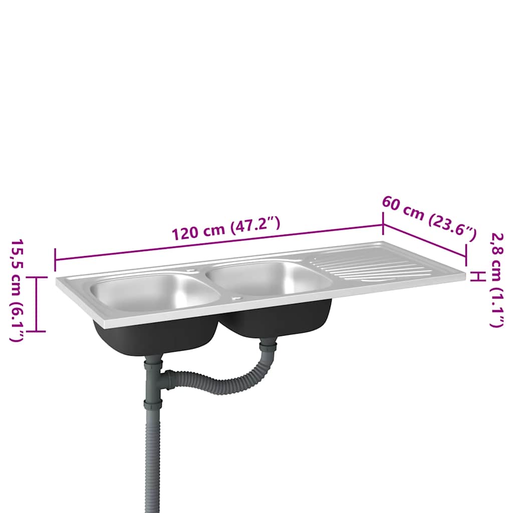 Gootsteen dubbele bak 1200x600x155 mm roestvrij staal zilver is nu te koop bij PeponiXL, paradijselijk wonen!