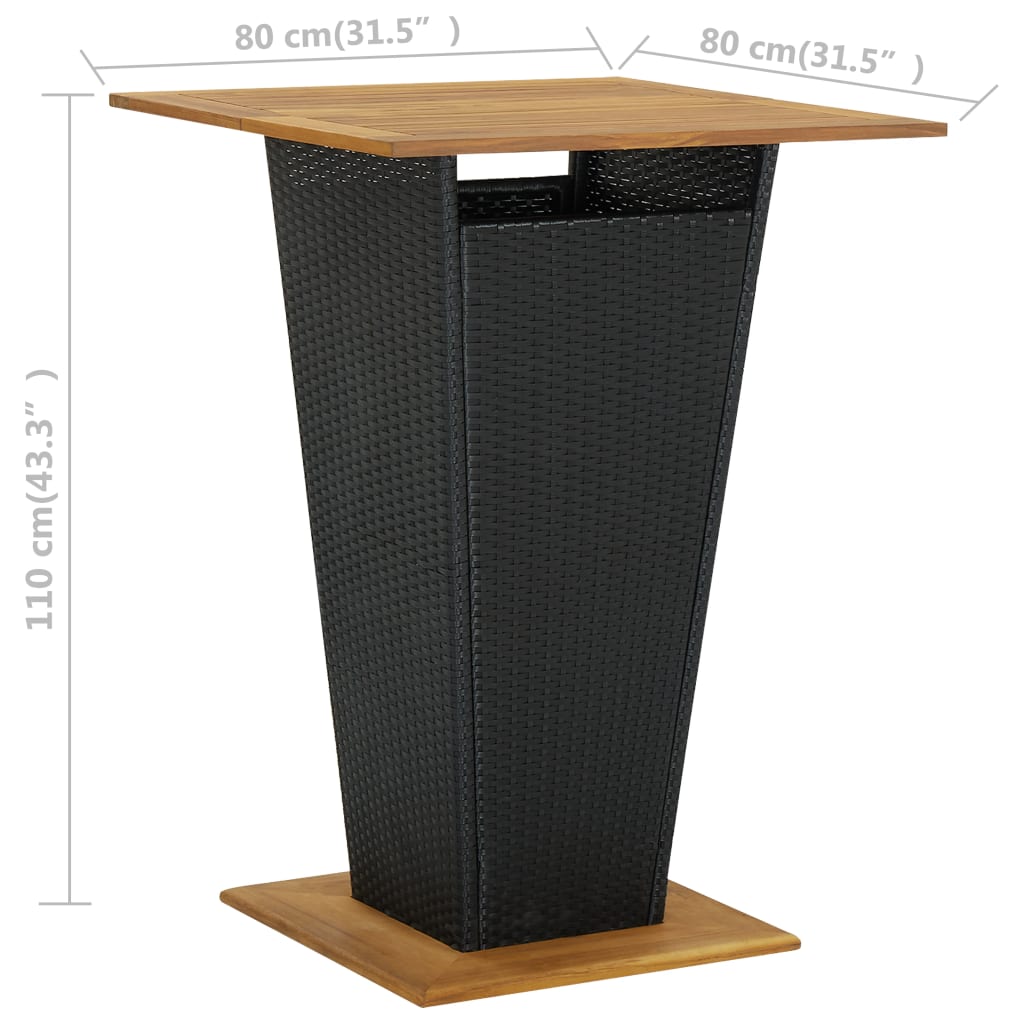 Bartafel 80x80x110 cm poly rattan en massief acaciahout zwart