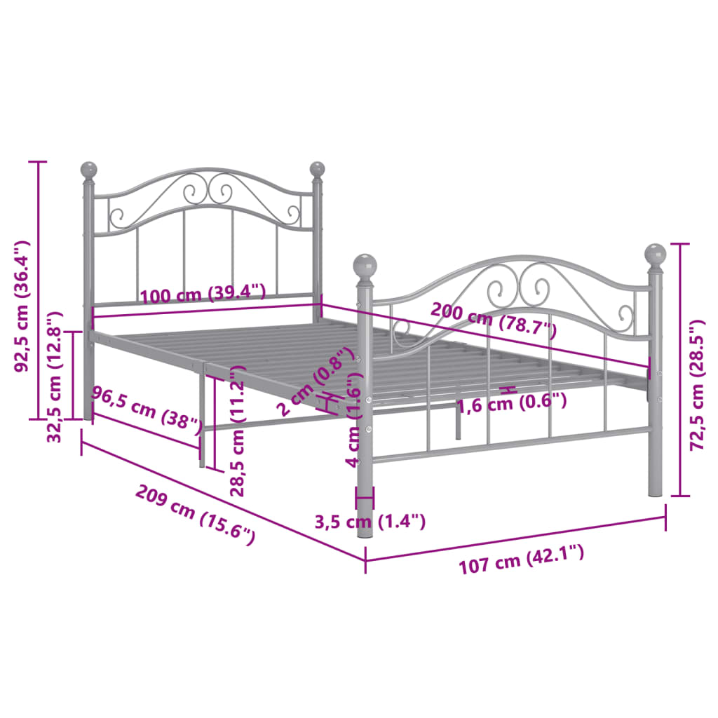 Bedframe metaal grijs 100x200 cm is nu te koop bij PeponiXL, paradijselijk wonen!