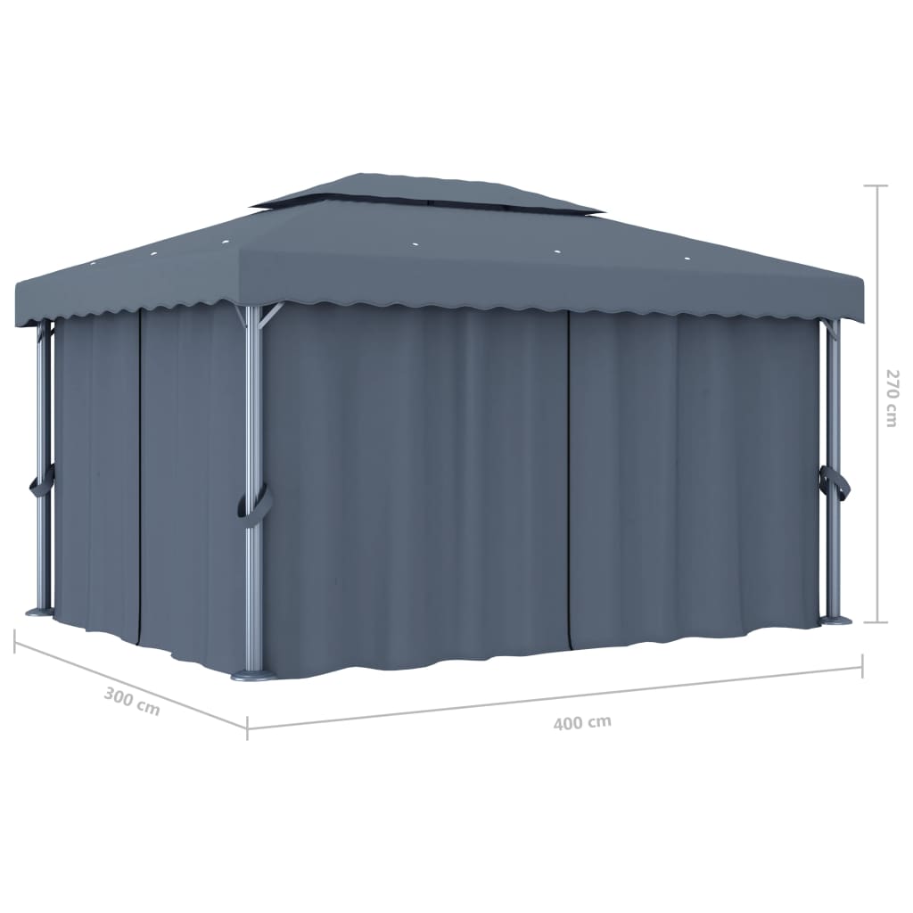 Prieel met gordijn en LED-lichtslinger 4x3 m antracietkleurig is nu te koop bij PeponiXL, paradijselijk wonen!