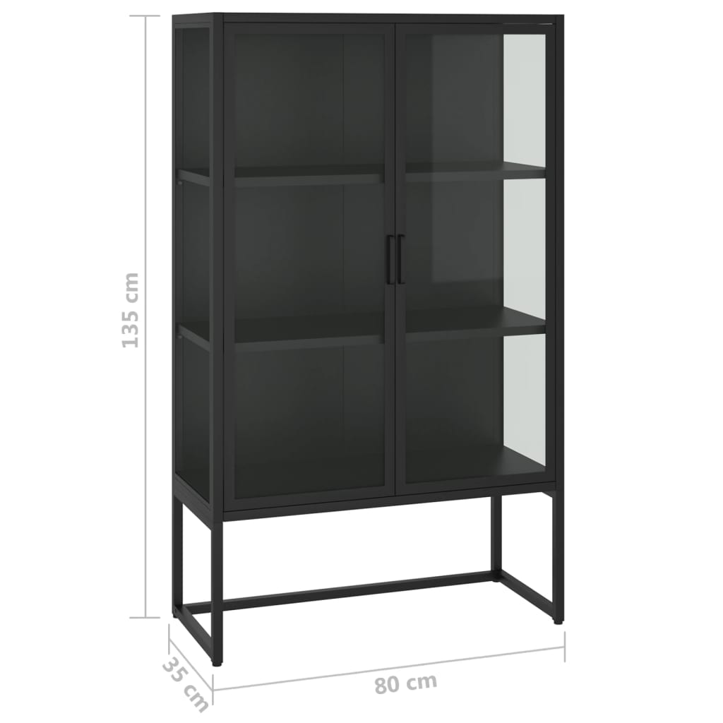 Hoge kast 80x35x135 cm staal en gehard glas zwart