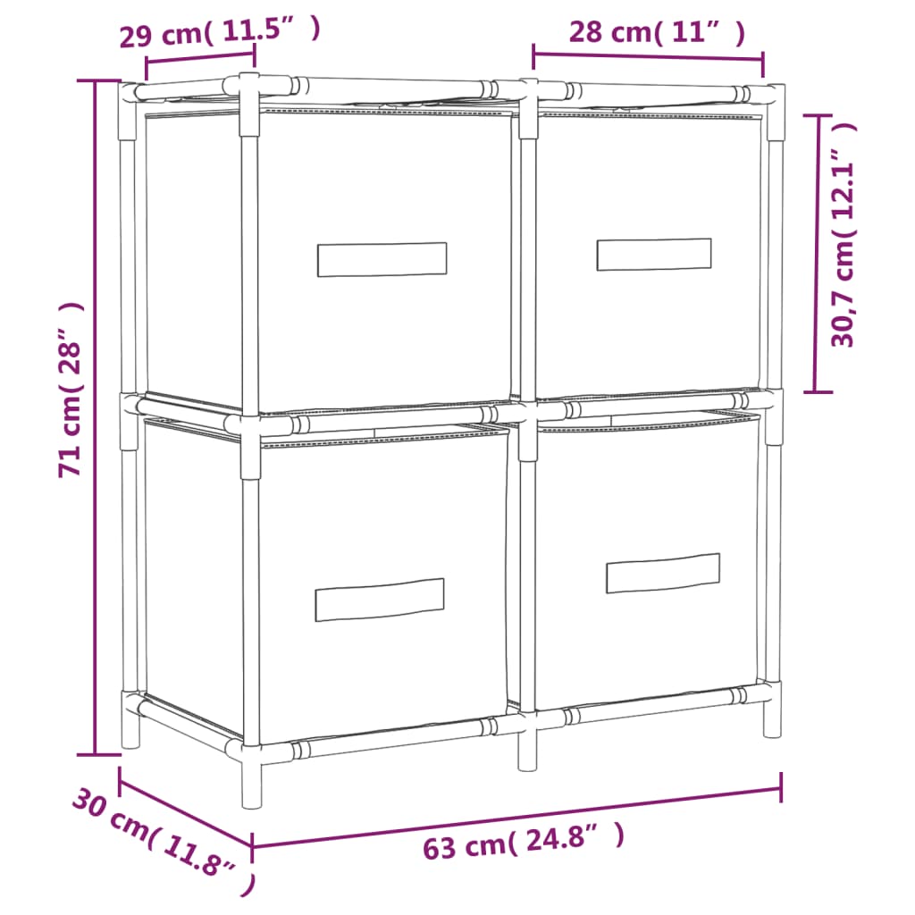 Opbergkast met 4 stoffen manden 63x30x71 cm staal crèmekleurig is nu te koop bij PeponiXL, paradijselijk wonen!