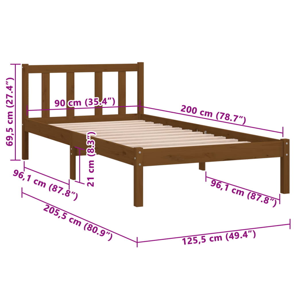 Bedframe massief grenenhout honingbruin 90x200 cm