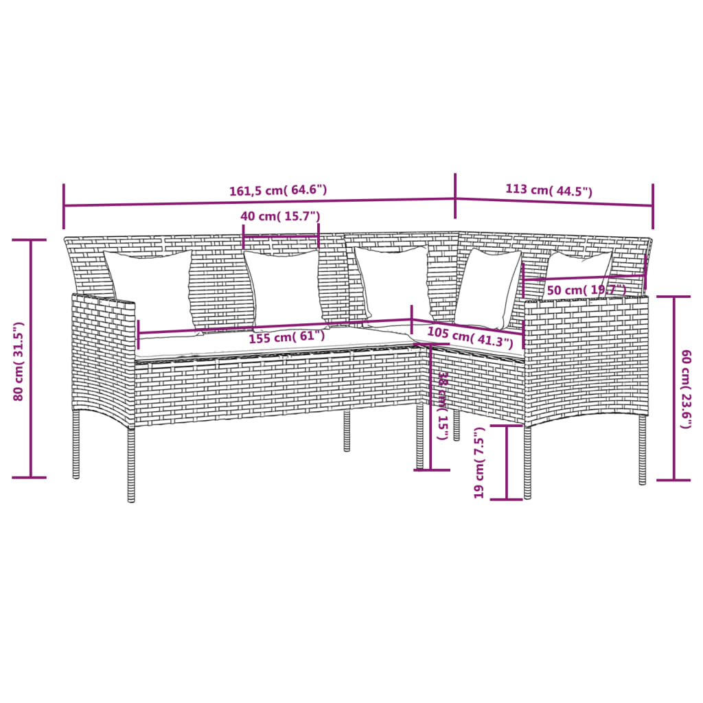 Loungebank met kussens L-vormig poly rattan bruin is nu te koop bij PeponiXL, paradijselijk wonen!
