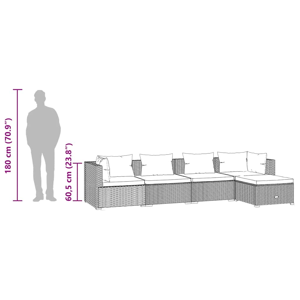 5-delige Loungeset met kussens poly rattan bruin