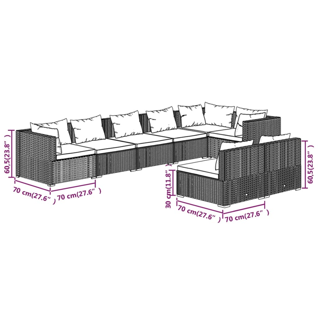 8-delige Loungeset met kussens poly rattan zwart