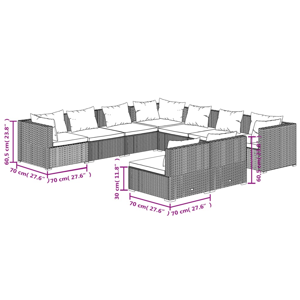 9-delige Loungeset met kussens poly rattan bruin