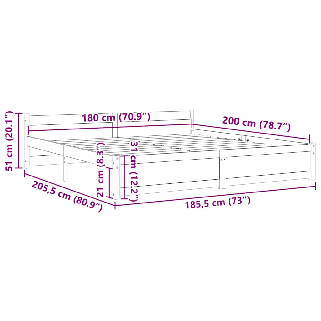 Bedframe massief hout zwart 180x200 cm