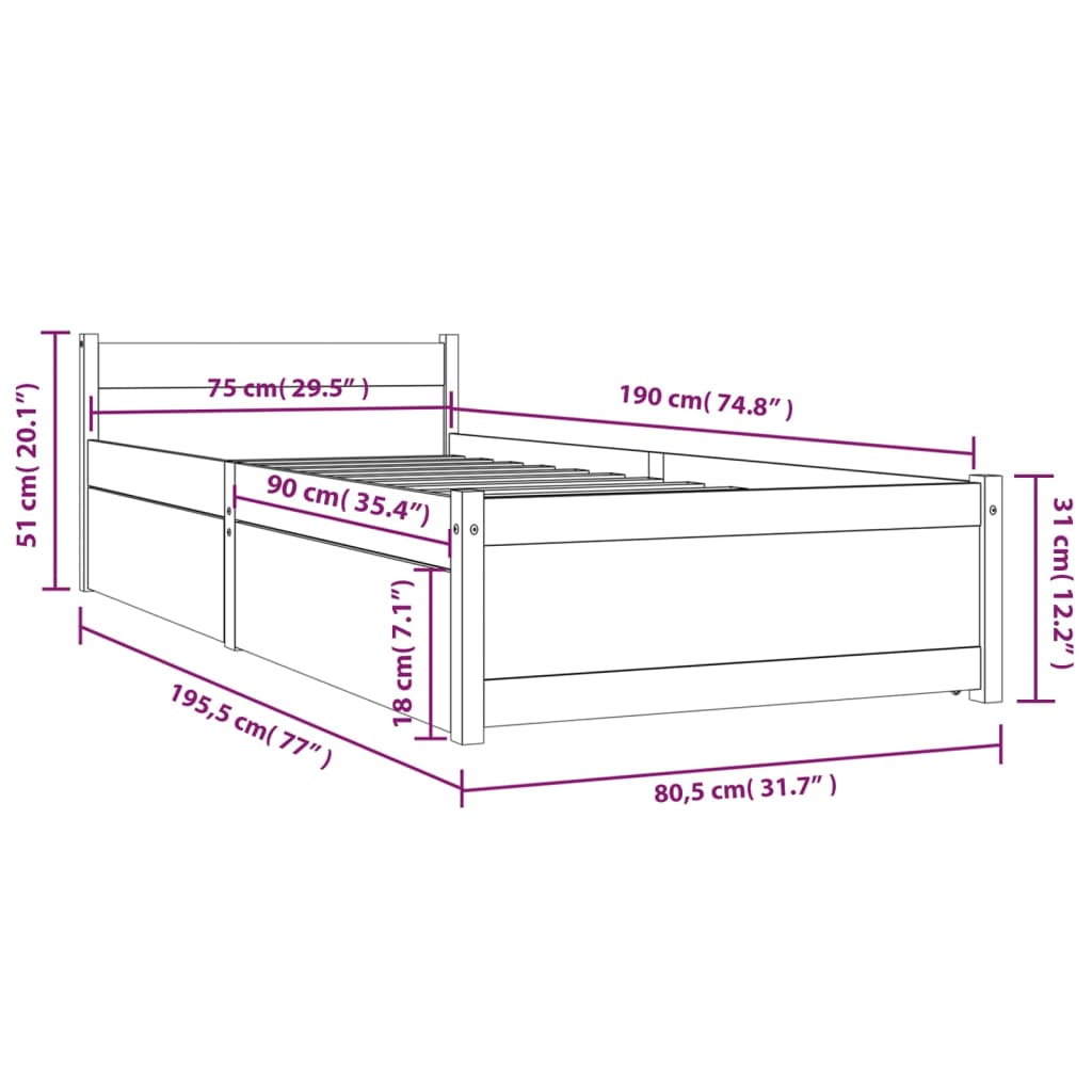 Bedframe met lades 75x190 cm is nu te koop bij PeponiXL, paradijselijk wonen!
