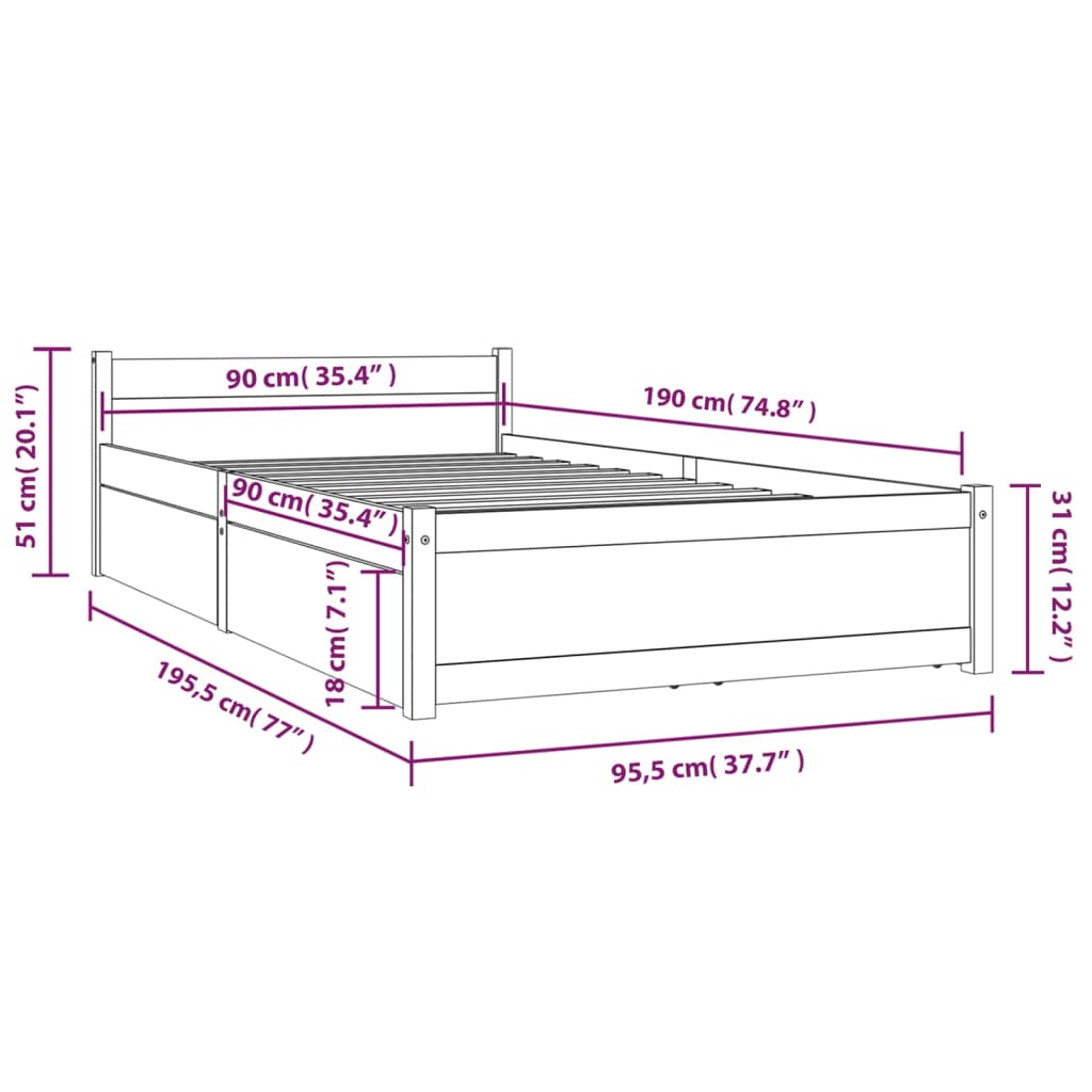Bedframe met lades 90x190 cm is nu te koop bij PeponiXL, paradijselijk wonen!