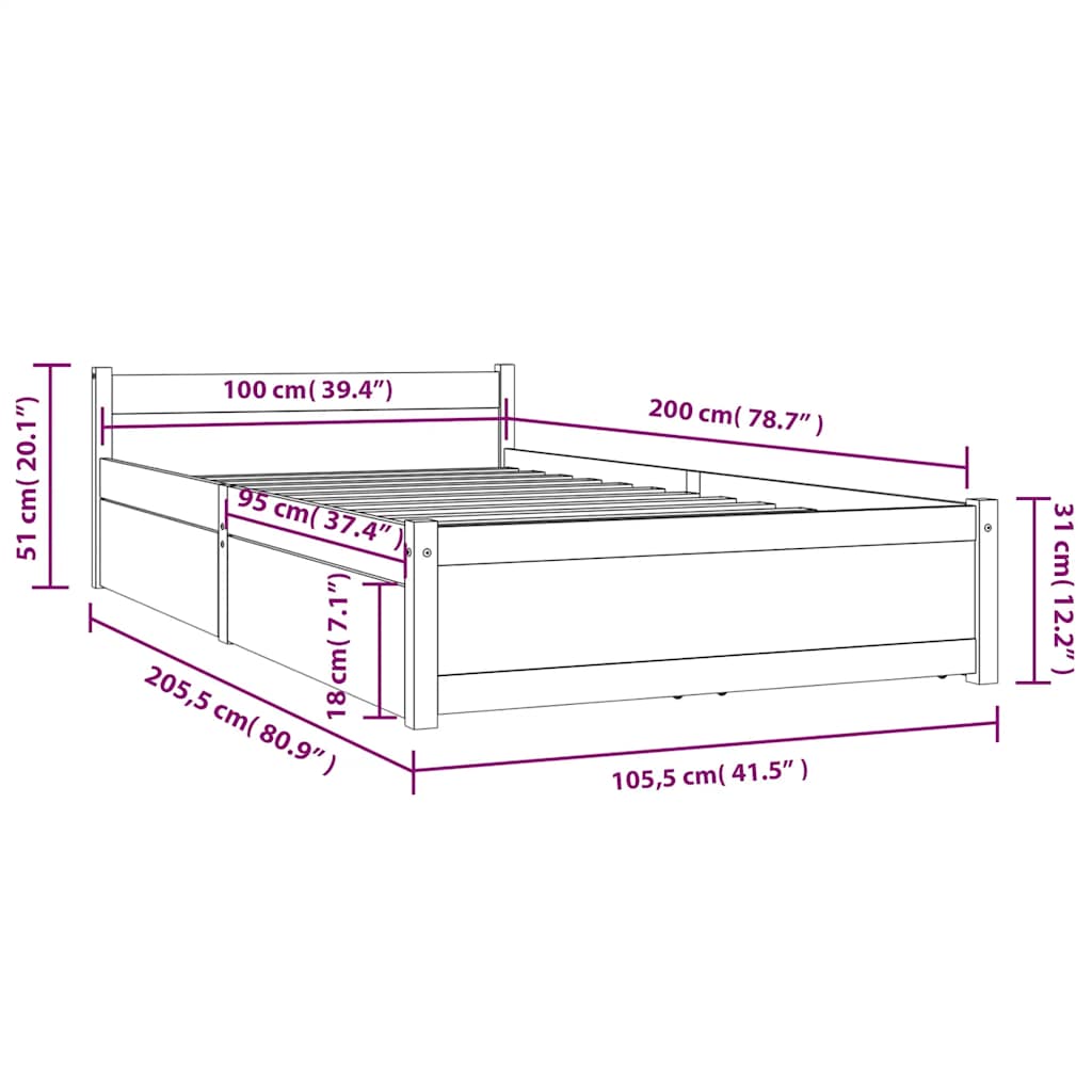 Bedframe met lades 100x200 cm