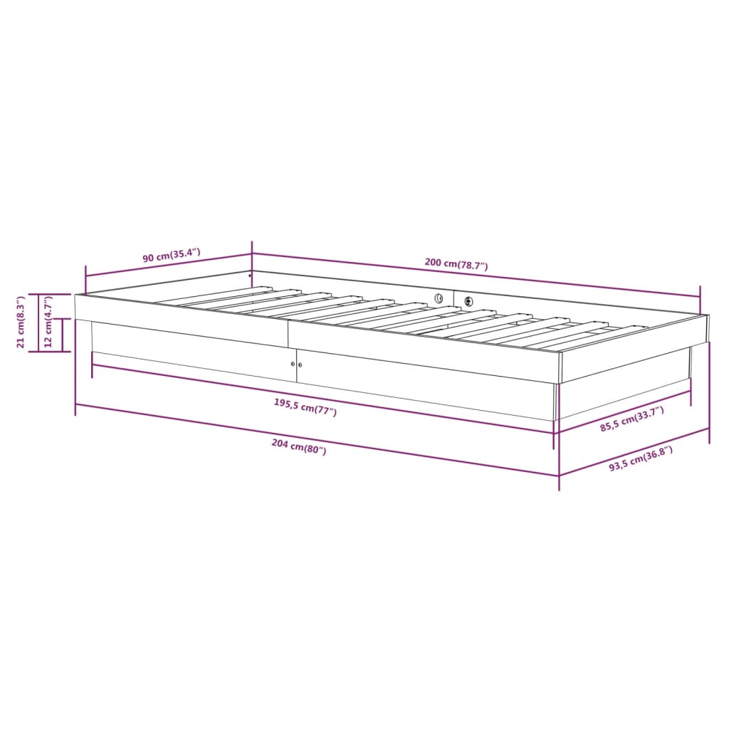 Bedframe massief hout zwart 90x200 cm