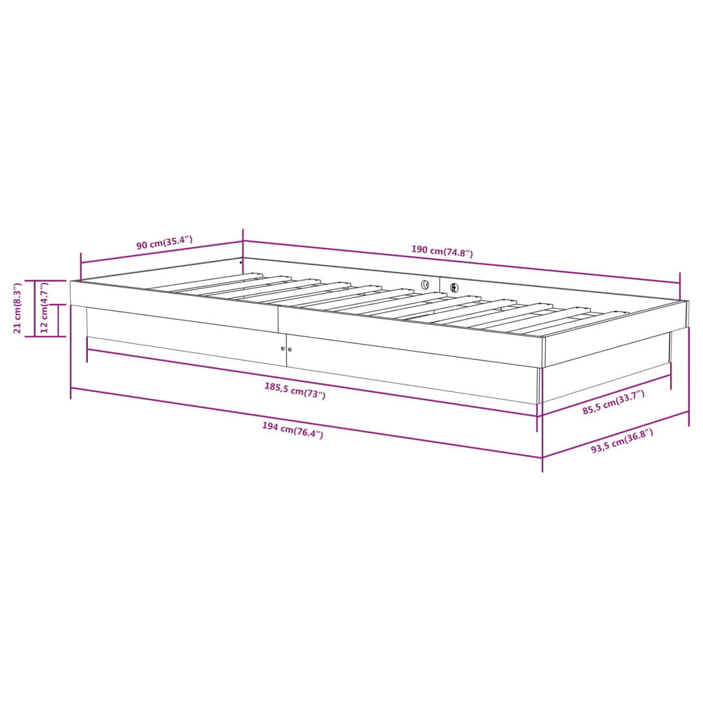 Bedframe massief hout grijs 90x190 cm