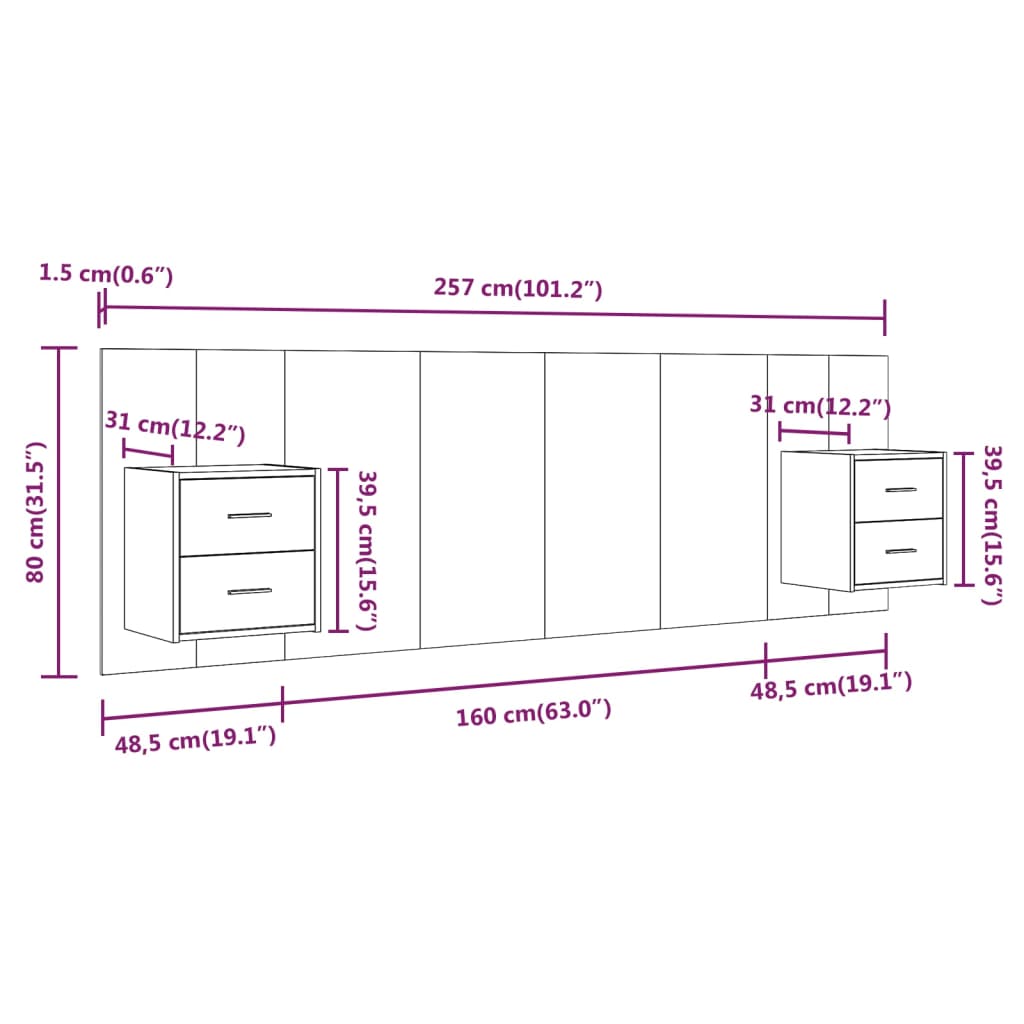 Hoofdbord met kastjes bewerkt hout betongrijs is nu te koop bij PeponiXL, paradijselijk wonen!