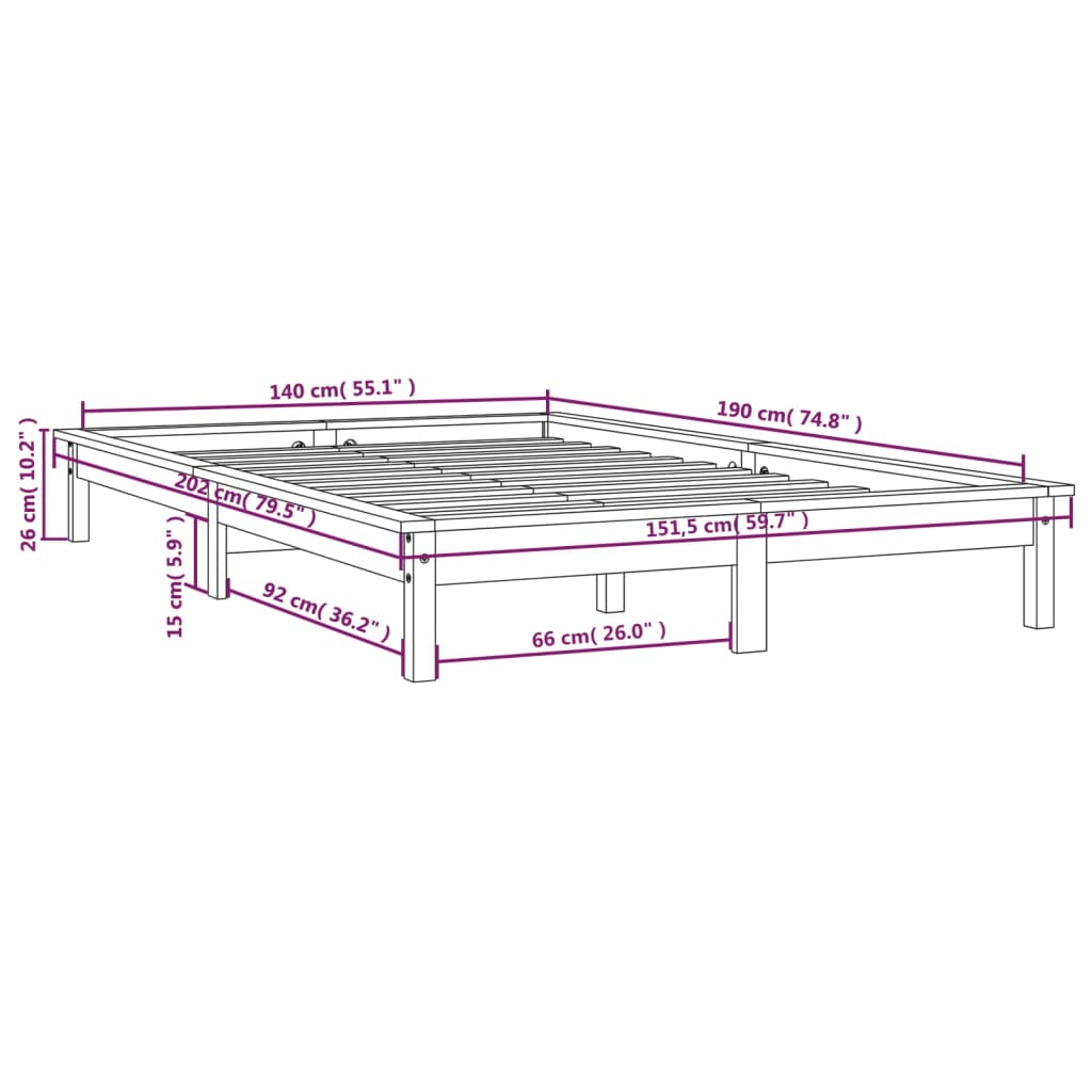 Bedframe massief grenenhout zwart 140x190 cm