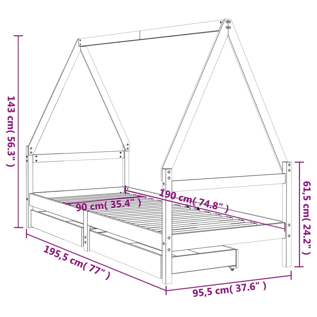 Kinderbedframe met lades 90x190 cm massief grenenhout is nu te koop bij PeponiXL, paradijselijk wonen!