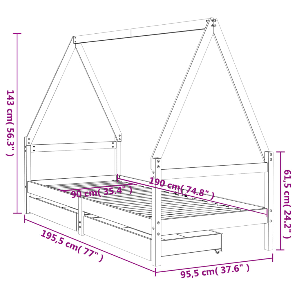 Kinderbedframe met lades 90x190 cm massief grenenhout wit