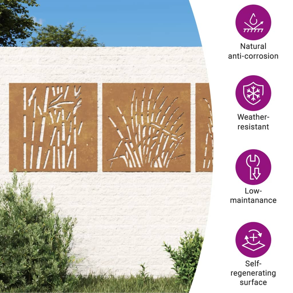 Wanddecoratie tuin 3 st grasontwerp 55x55 cm cortenstaal is nu te koop bij PeponiXL, paradijselijk wonen!