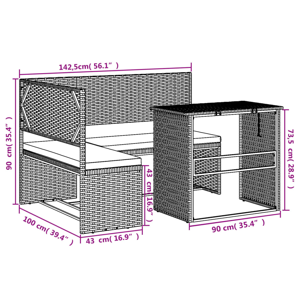 Tuinbank met tafel en kussens L-vormig poly rattan bruin is nu te koop bij PeponiXL, paradijselijk wonen!