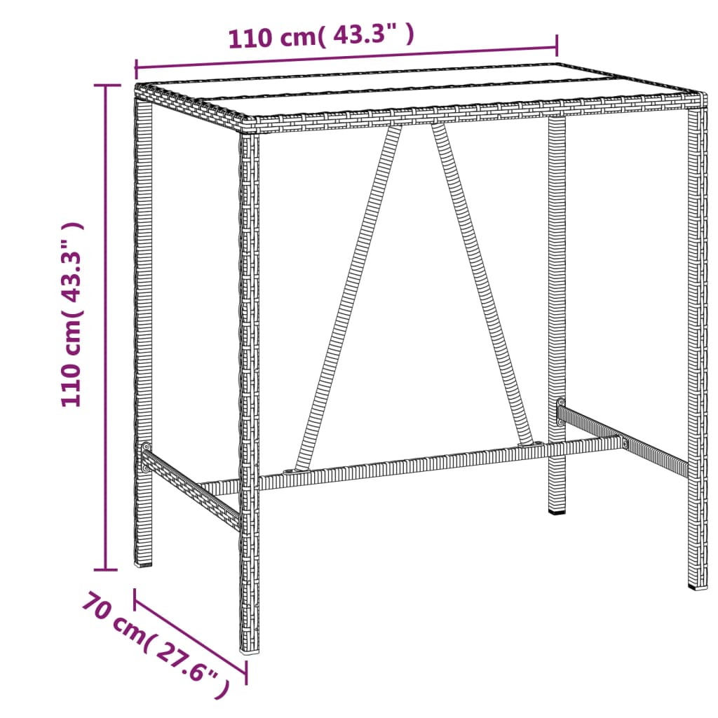 Bartafel met glazen blad 110x70x110 cm poly rattan zwart is nu te koop bij PeponiXL, paradijselijk wonen!