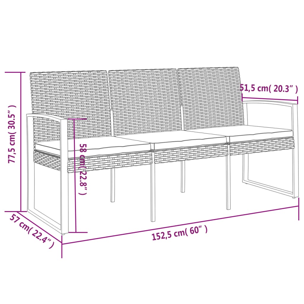 Tuinbank 3-zits met kussens polypropeen rattan zwart is nu te koop bij PeponiXL, paradijselijk wonen!