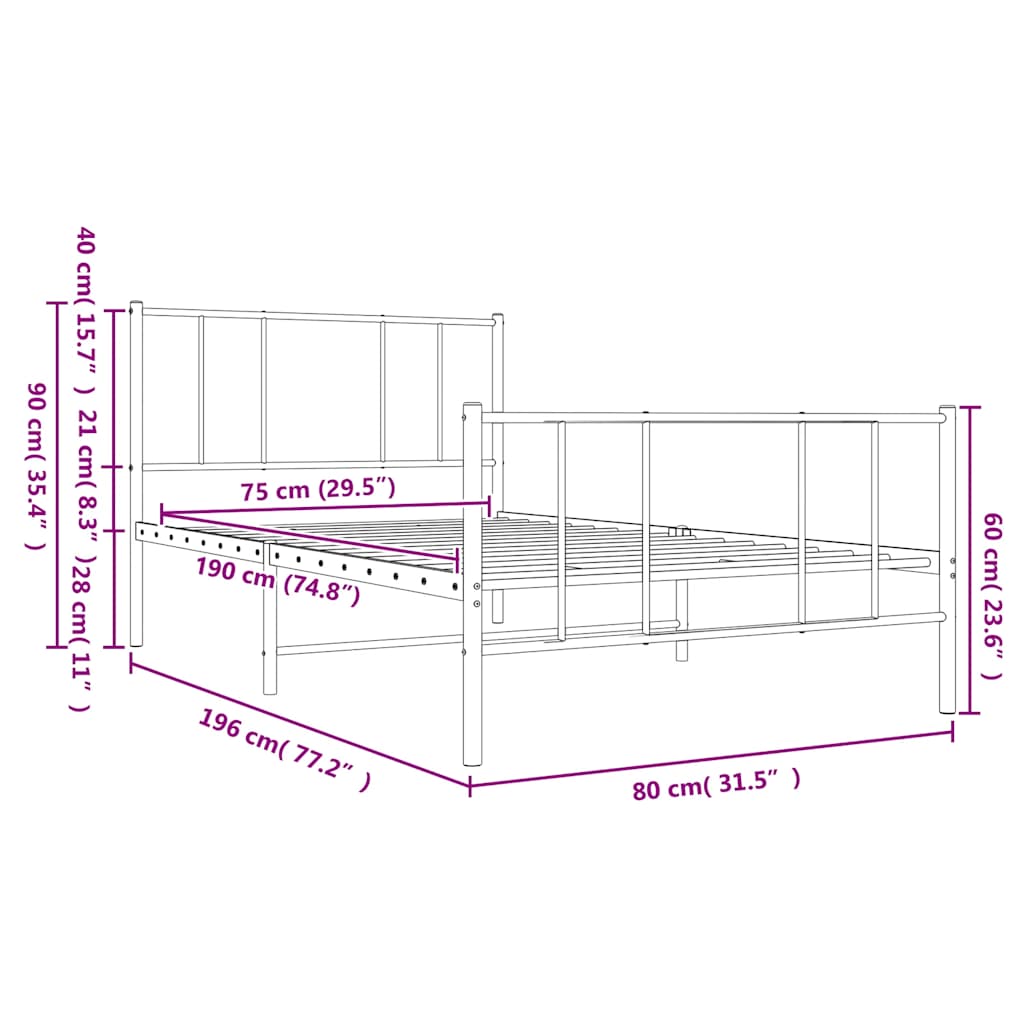 Bedframe met hoofd- en voeteneinde metaal wit 75x190 cm is nu te koop bij PeponiXL, paradijselijk wonen!