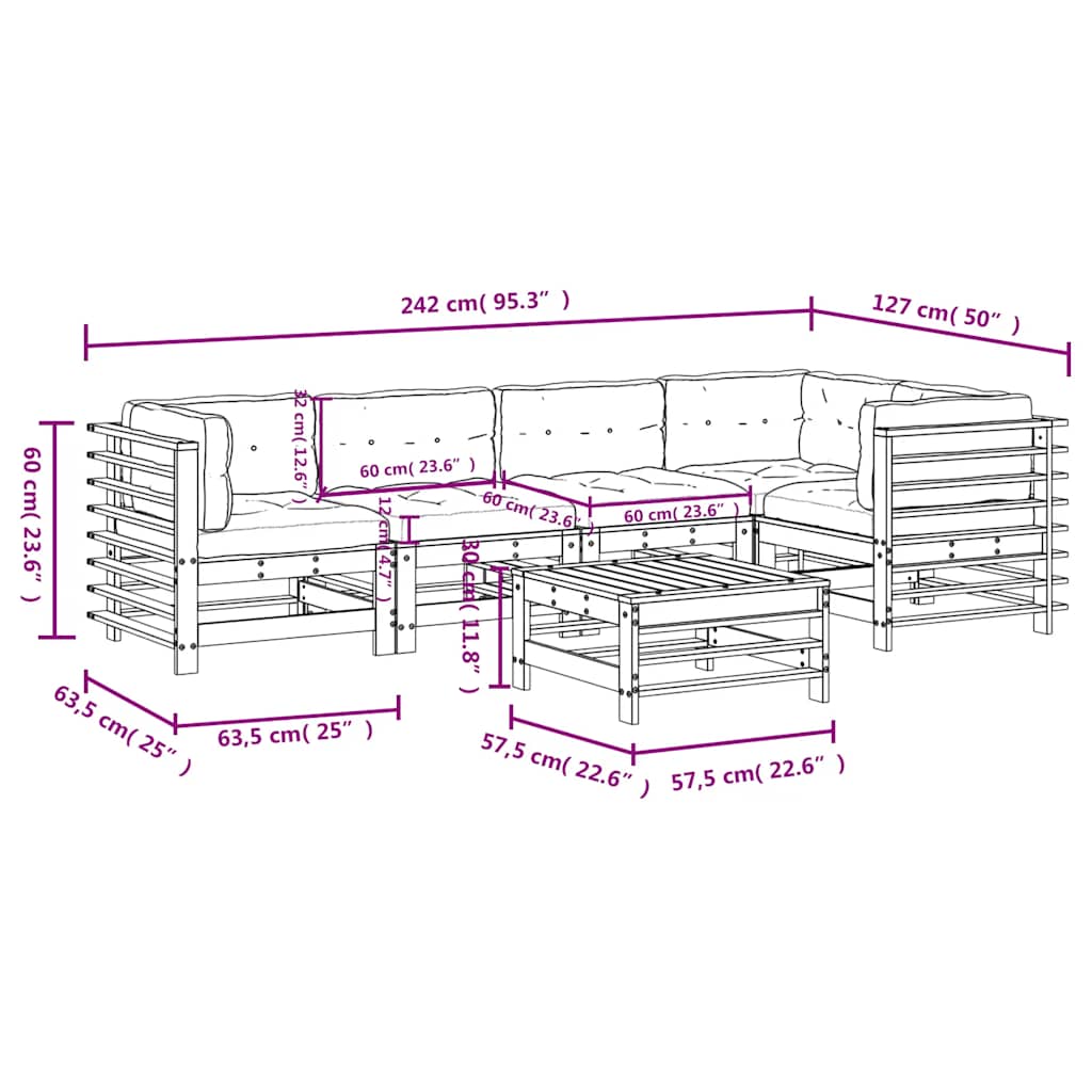 6-delige Loungeset met kussens massief hout grijs