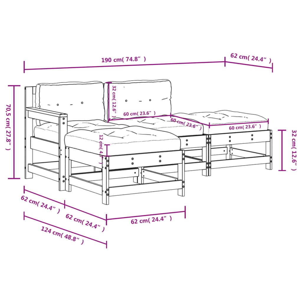 4-delige Loungeset met kussens massief hout wit is nu te koop bij PeponiXL, paradijselijk wonen!