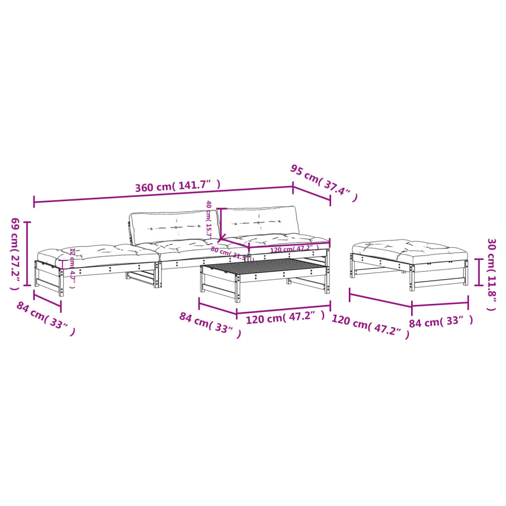 5-delige Loungeset met kussens massief hout wit is nu te koop bij PeponiXL, paradijselijk wonen!