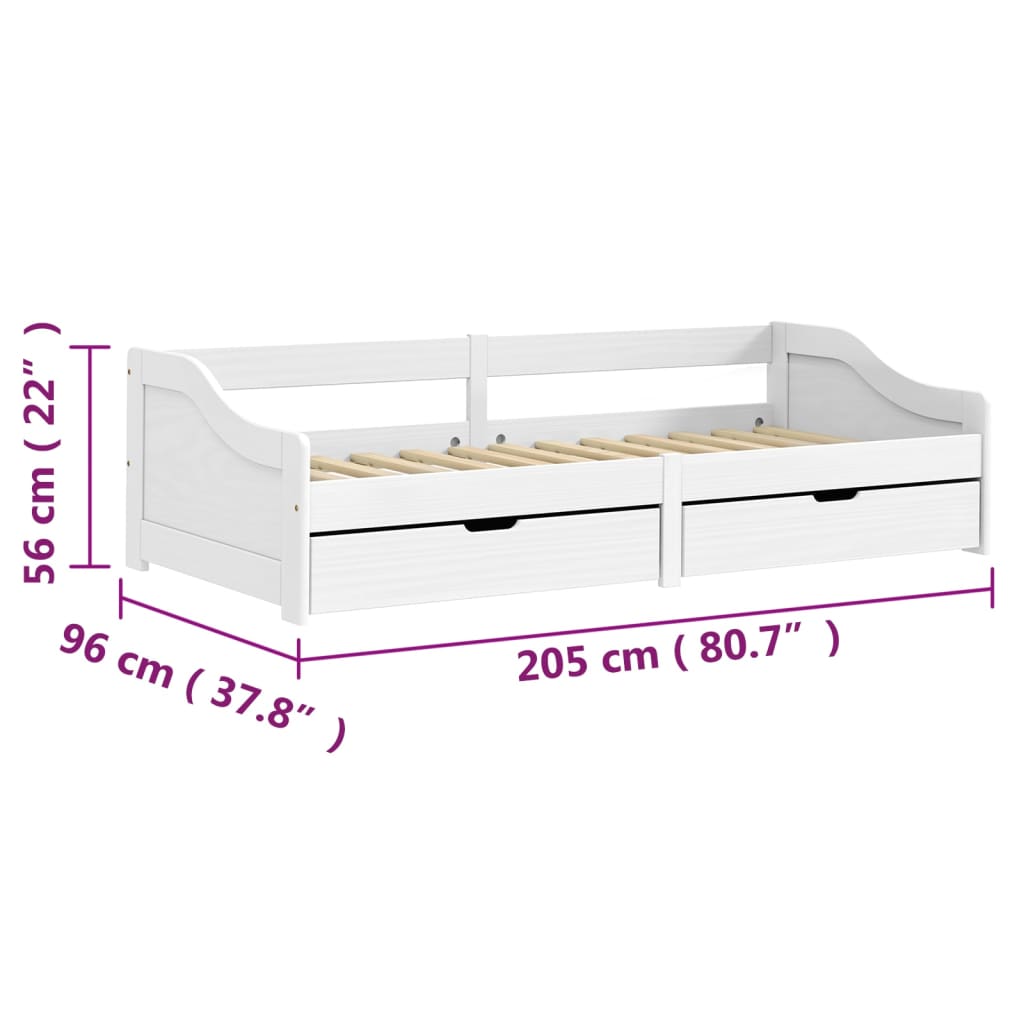 Slaapbank met 2 lades IRUN 90x200 cm massief grenenhout wit