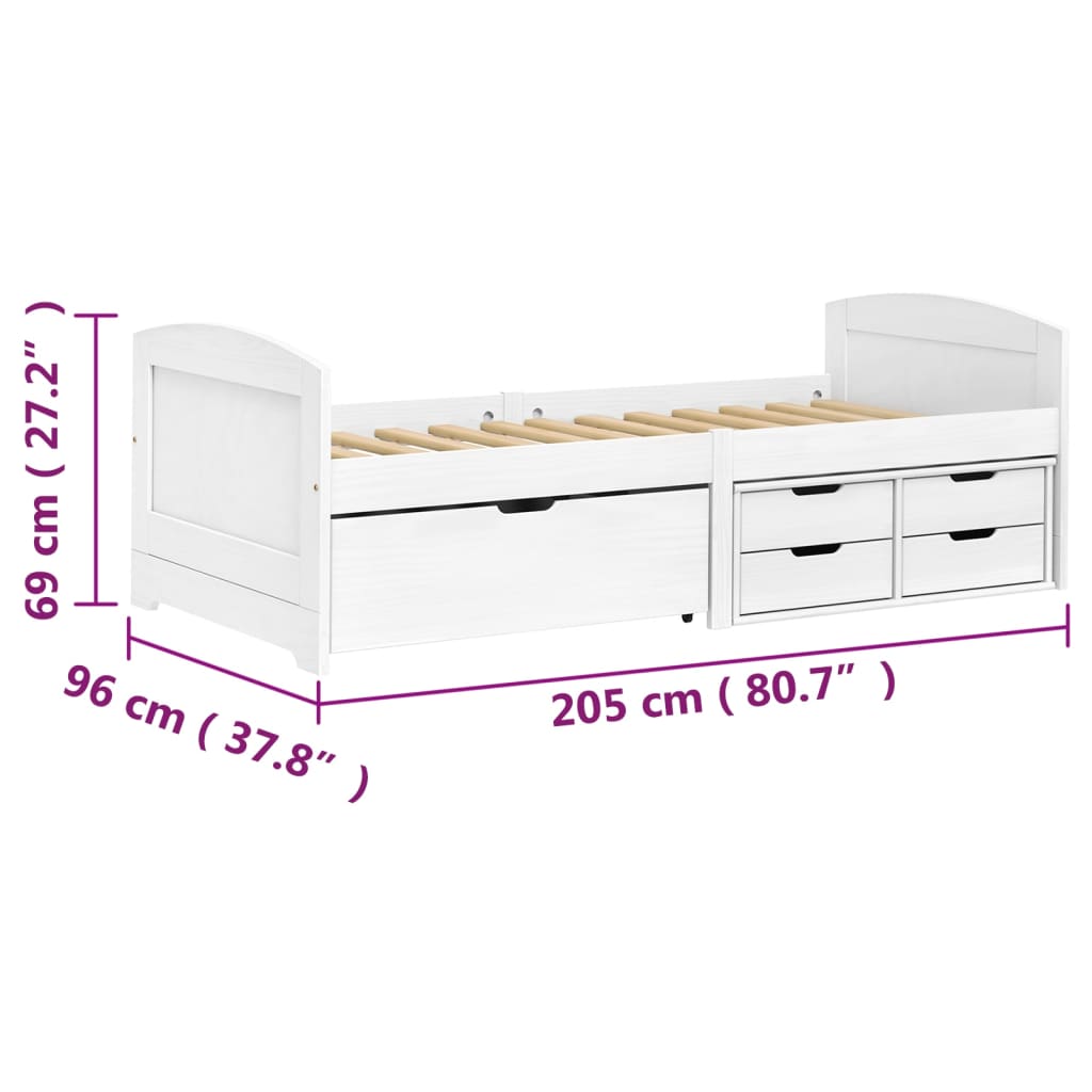 Slaapbank met 5 lades IRUN 90x200 cm massief grenenhout wit