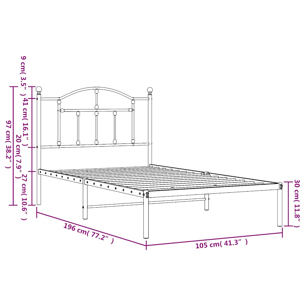 Bedframe met hoofdbord metaal wit 100x190 cm