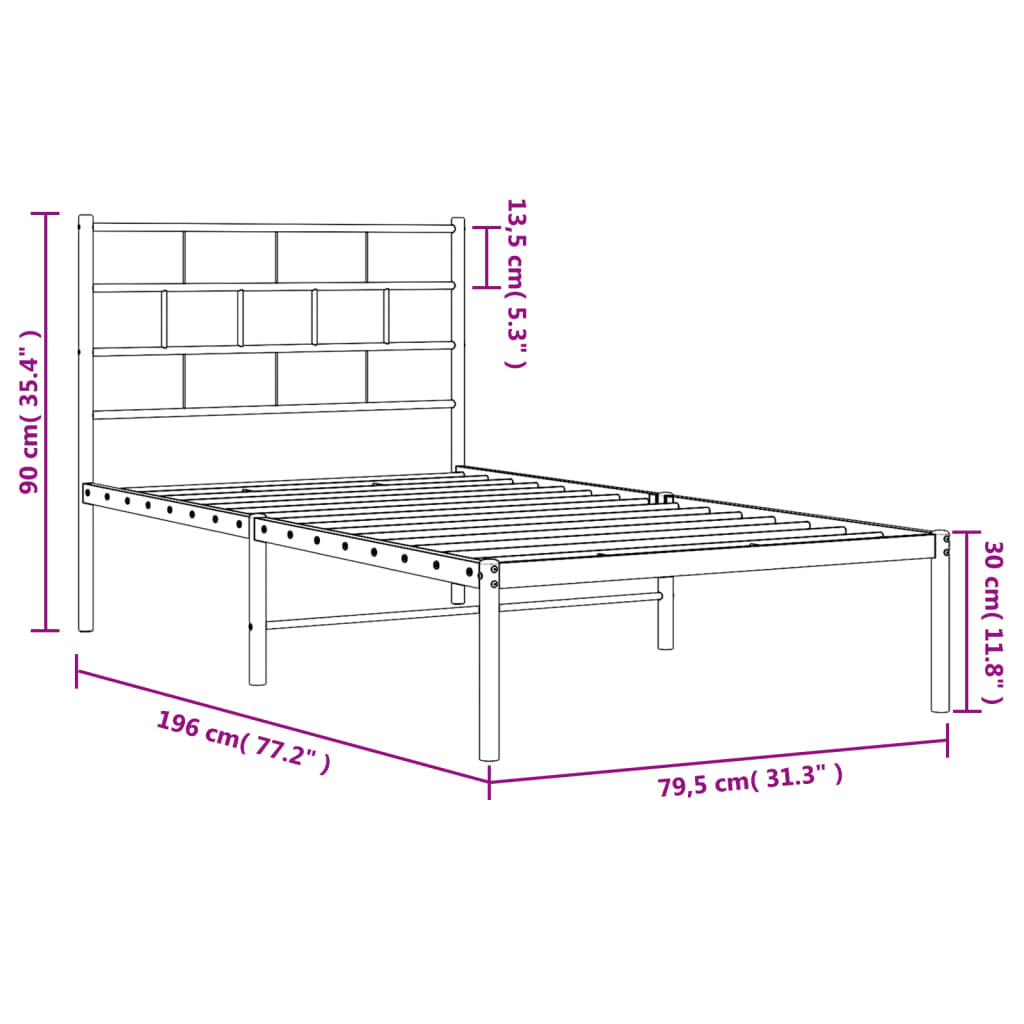 Bedframe met hoofdbord zonder matras metaal wit 75x190 cm is nu te koop bij PeponiXL, paradijselijk wonen!
