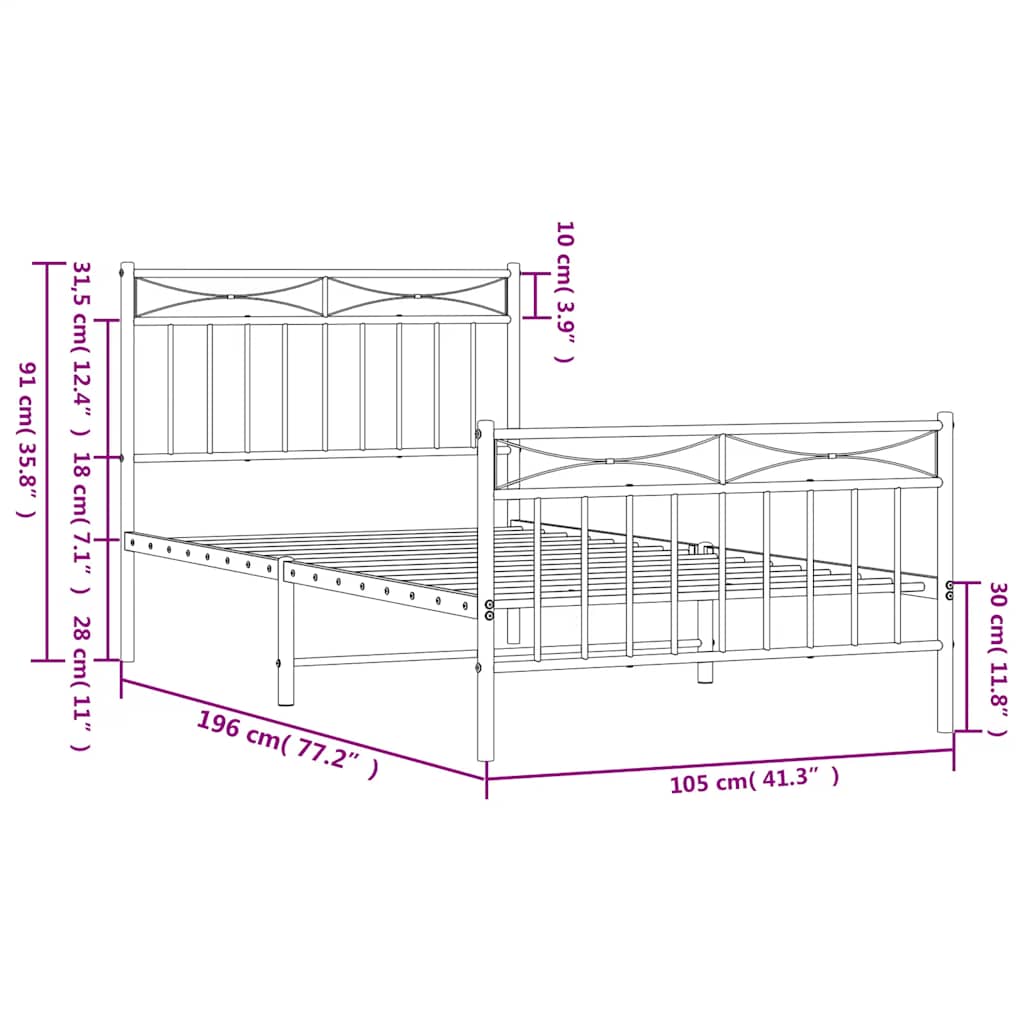 Bedframe met hoofd- en voeteneinde metaal wit 100x190 cm