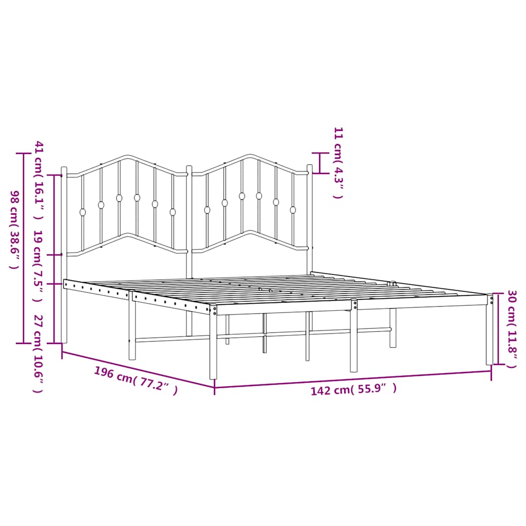 Bedframe met hoofdbord metaal zwart 135x190 cm