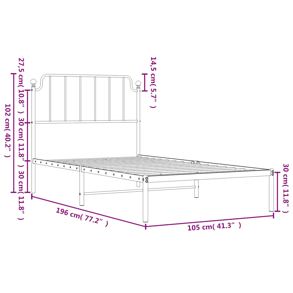 Bedframe met hoofdbord metaal zwart 100x190 cm