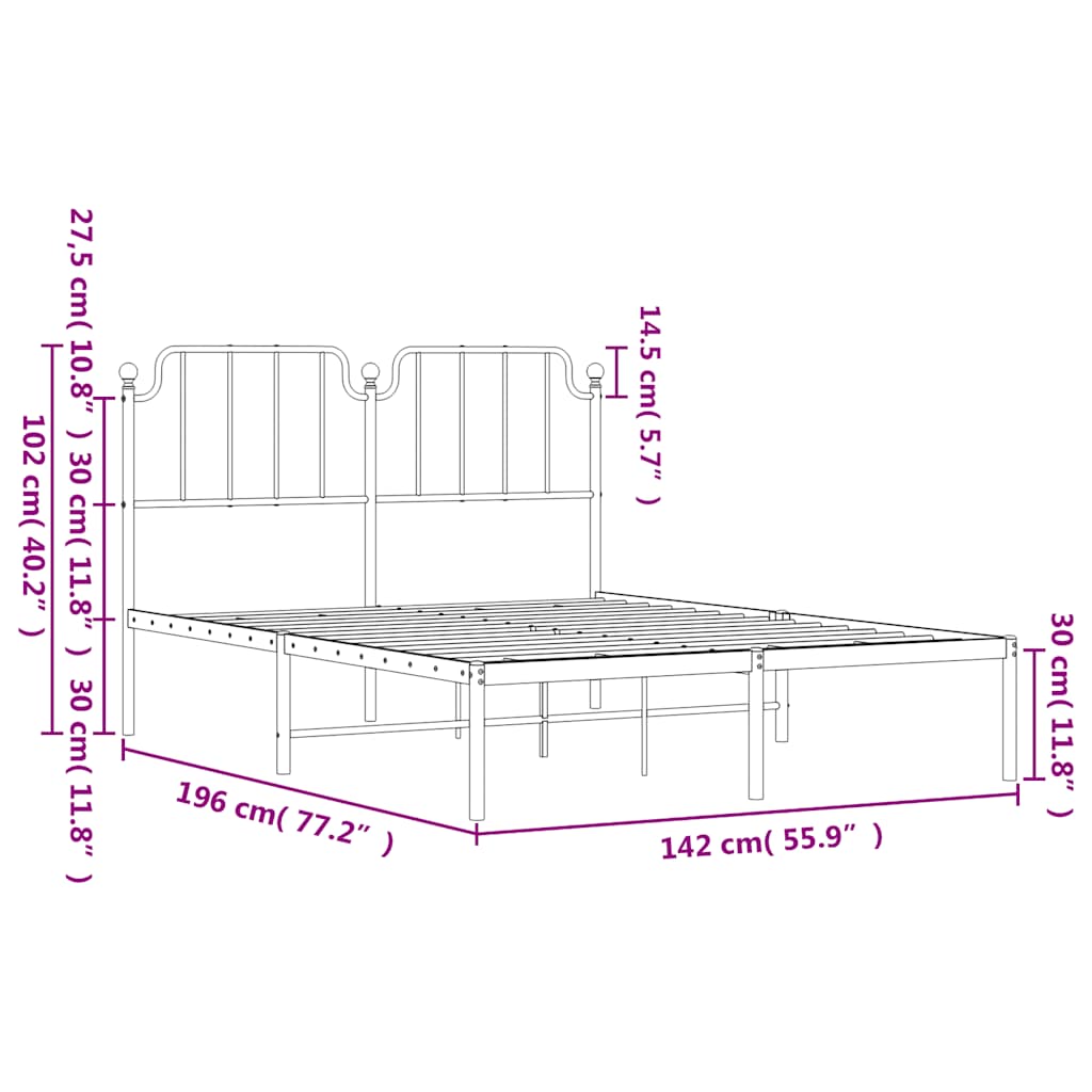 Bedframe met hoofdbord metaal zwart 135x190 cm