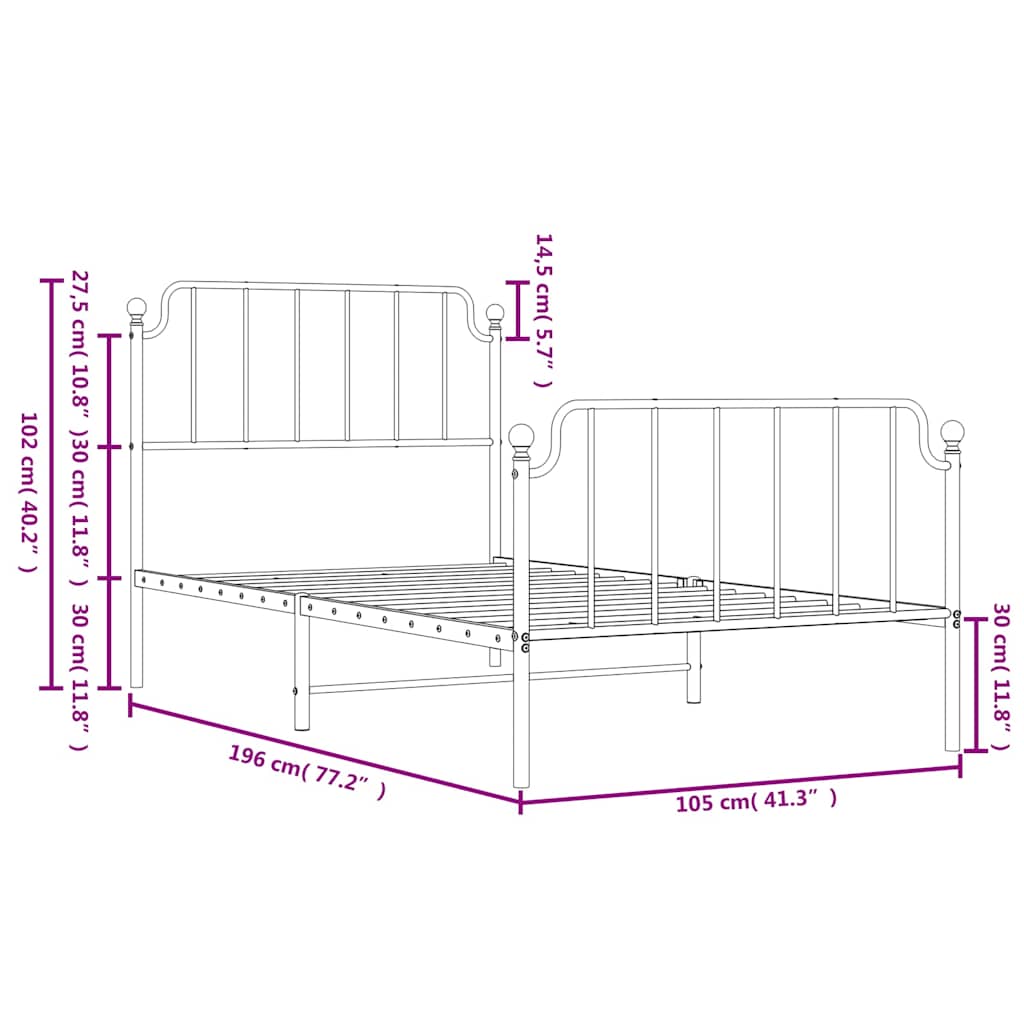 Bedframe met hoofd- en voeteneinde metaal wit 100x190 cm