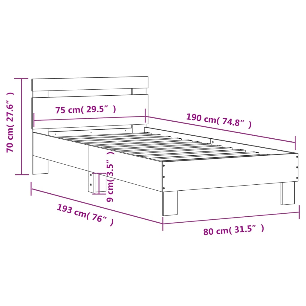 Bedframe met hoofdbord bewerkt hout gerookt eiken 75x190 cm is nu te koop bij PeponiXL, paradijselijk wonen!