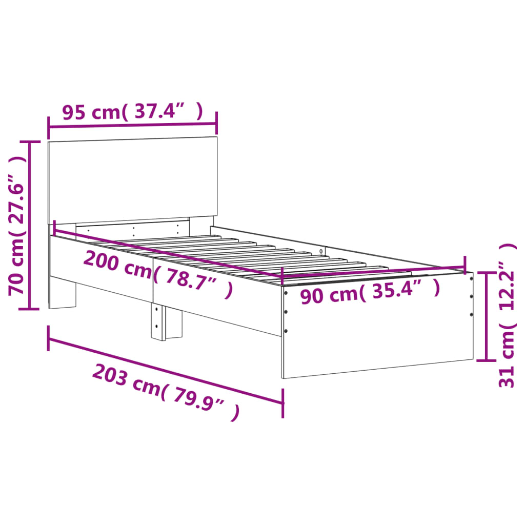 Bedframe met hoofdeinde bewerkt hout gerookt eiken 90x200 cm is nu te koop bij PeponiXL, paradijselijk wonen!