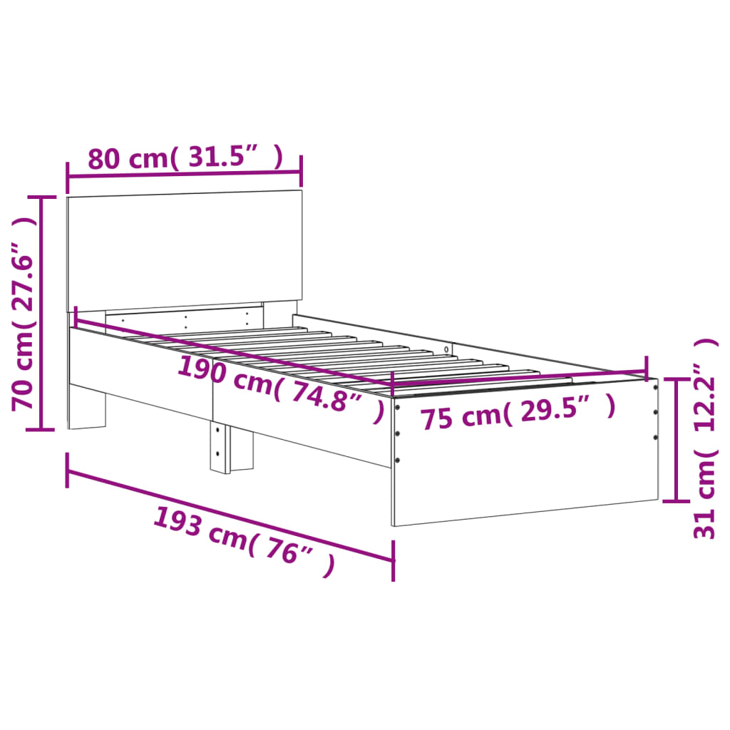 Bedframe met hoofdbord bewerkt hout grijs sonoma 75x190 cm is nu te koop bij PeponiXL, paradijselijk wonen!